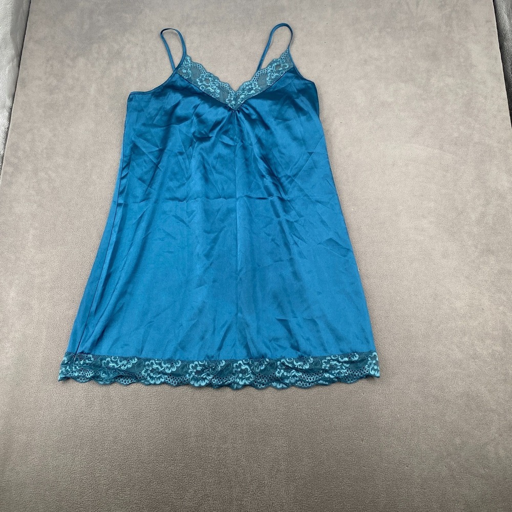 Ekouaer Nightgown Chemise Womens L Blue V Neck Comfort Lace Trim Satin Sleepwear